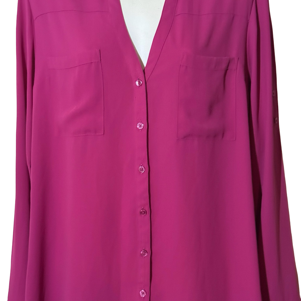 Express The Portofino Shirt Pink Button Up Chiffon Long Sleeve Top V-Neck sz L - Picture 10 of 16